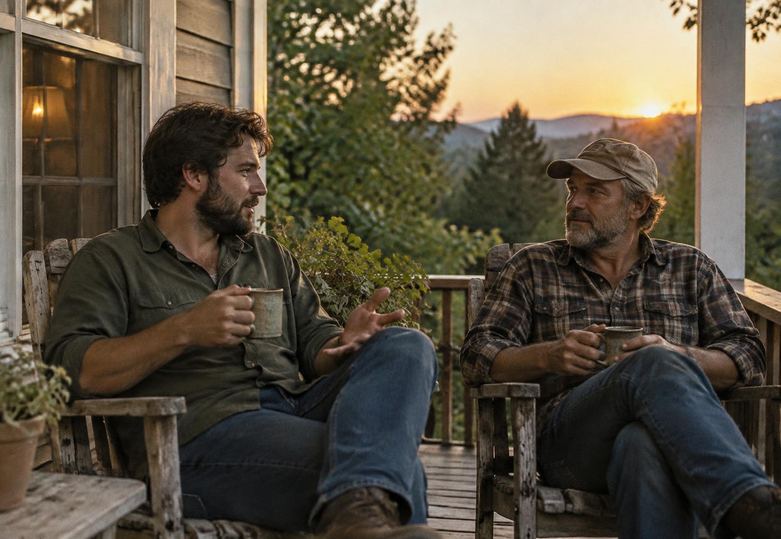 Two men talking on a porch at sunset