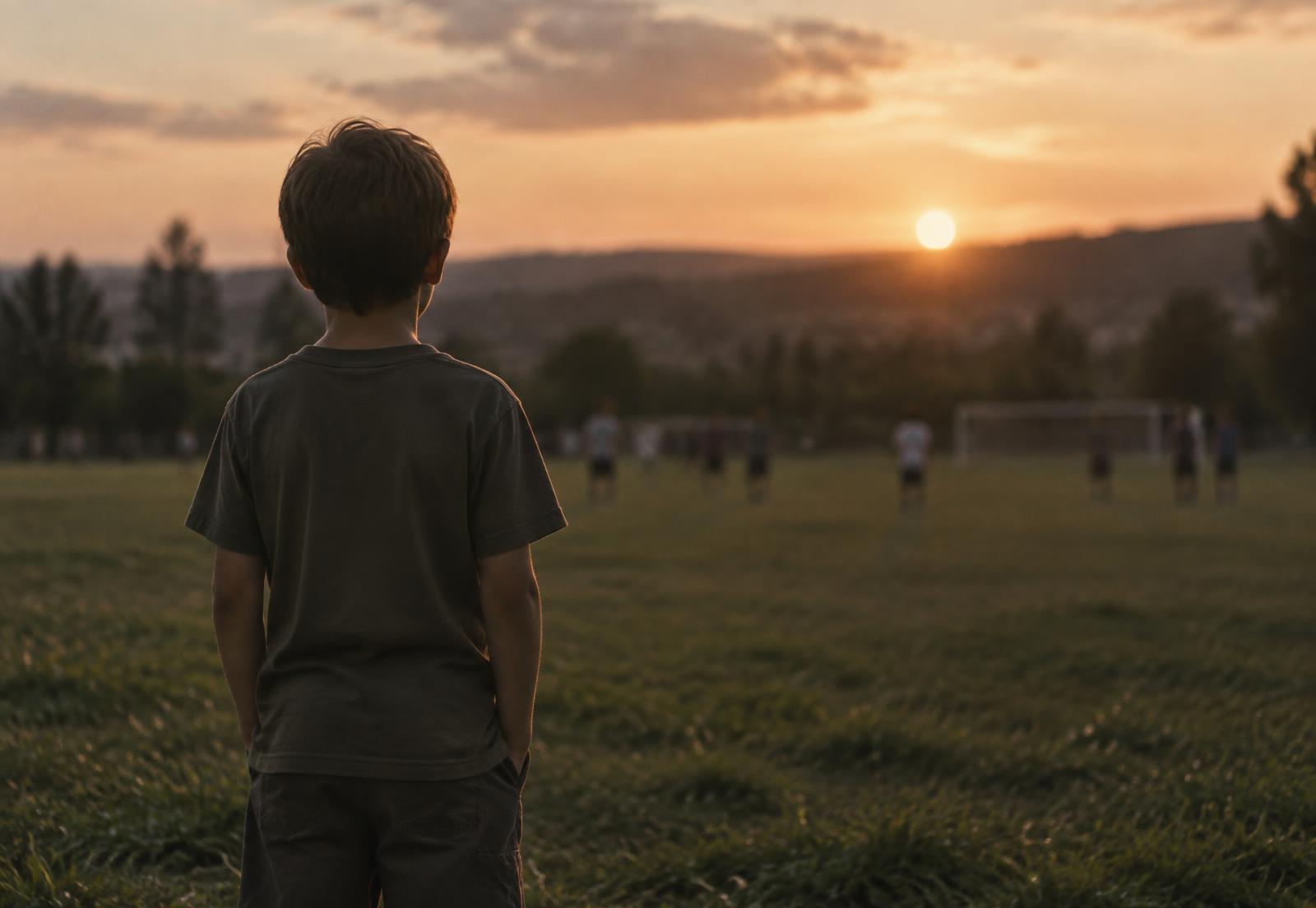 A boy standing alone at the edge of a field at dusk