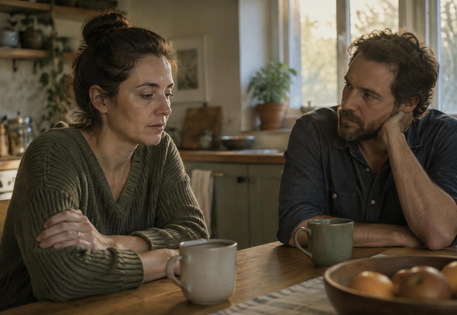 A husband listening carefully to his wife at a kitchen table