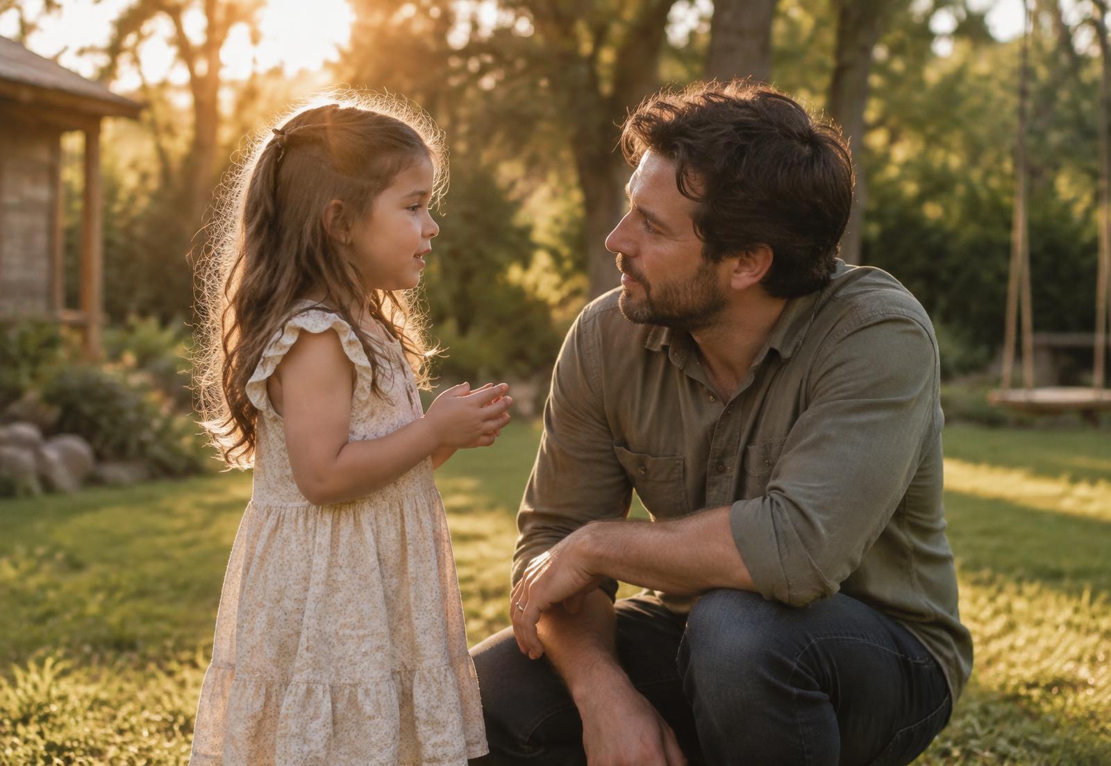 A father kneeling to listen to his young daughter in a sunlit yard